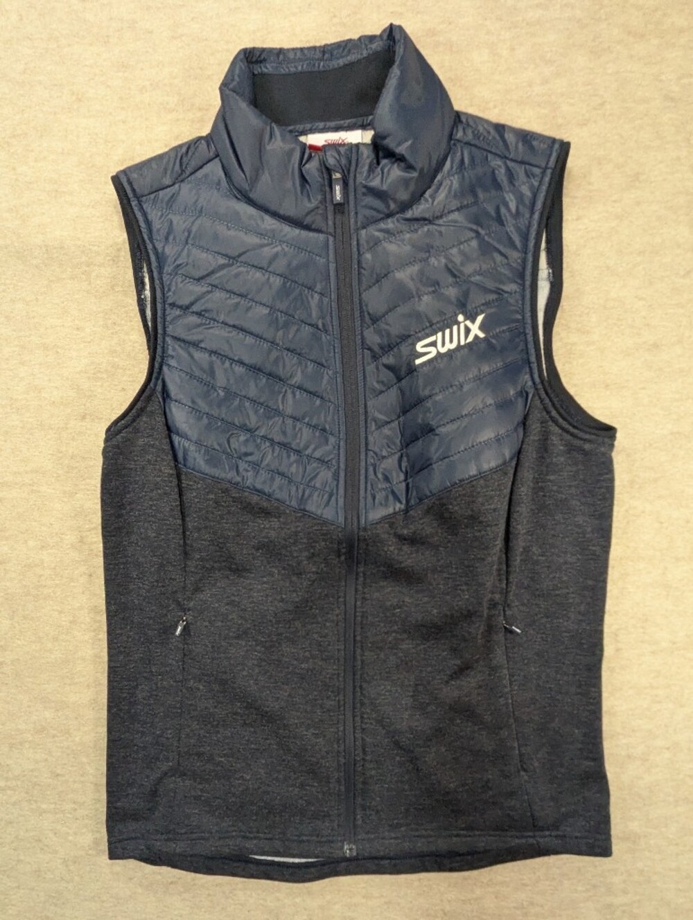 Swix Blizzard Hybrid Running Vest Gray Blue Zip Up Pockets Puffer Womens Medium